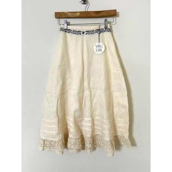 VRG GRL 100% Linen Skirt Women's 4 Midi embroidered boho spring fairy NEW - Picture 2 of 11